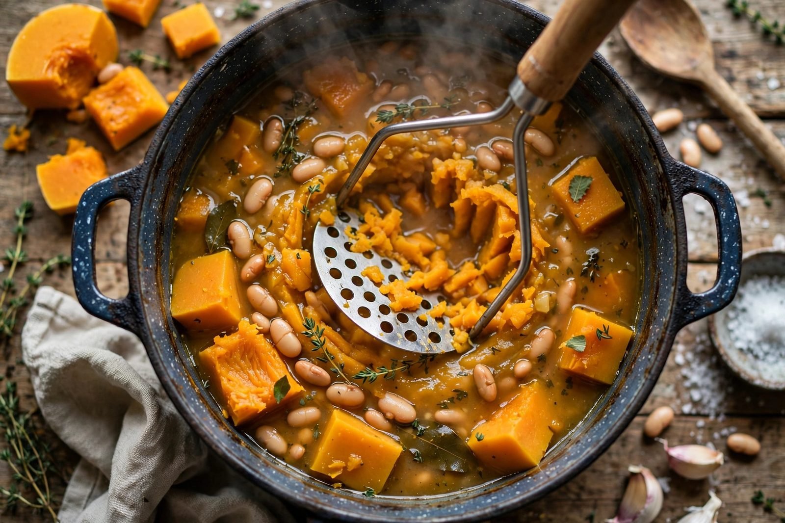 A potato masher pressing squash and beans in the soup pot