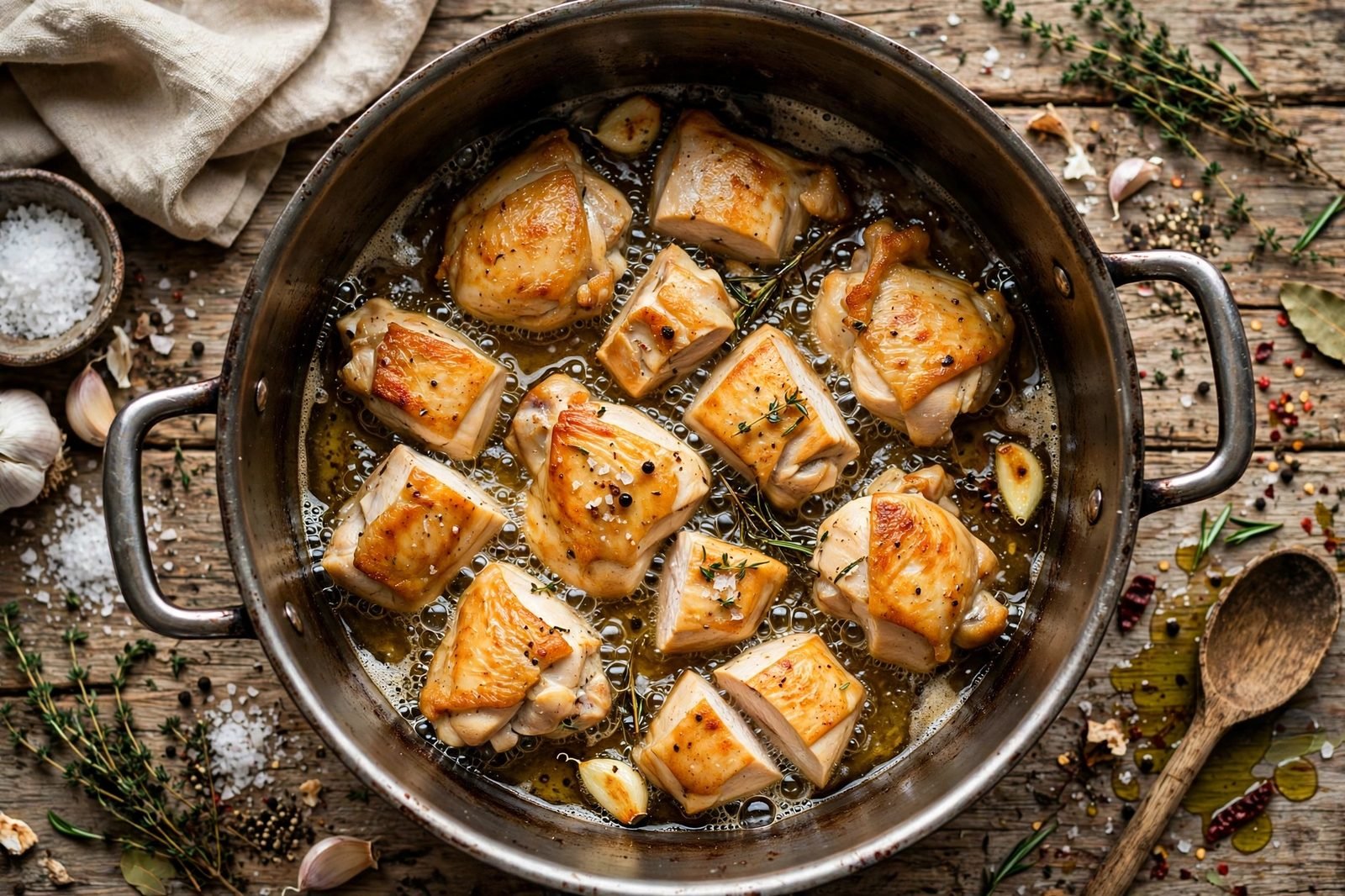Chicken pieces searing golden in a large soup pot