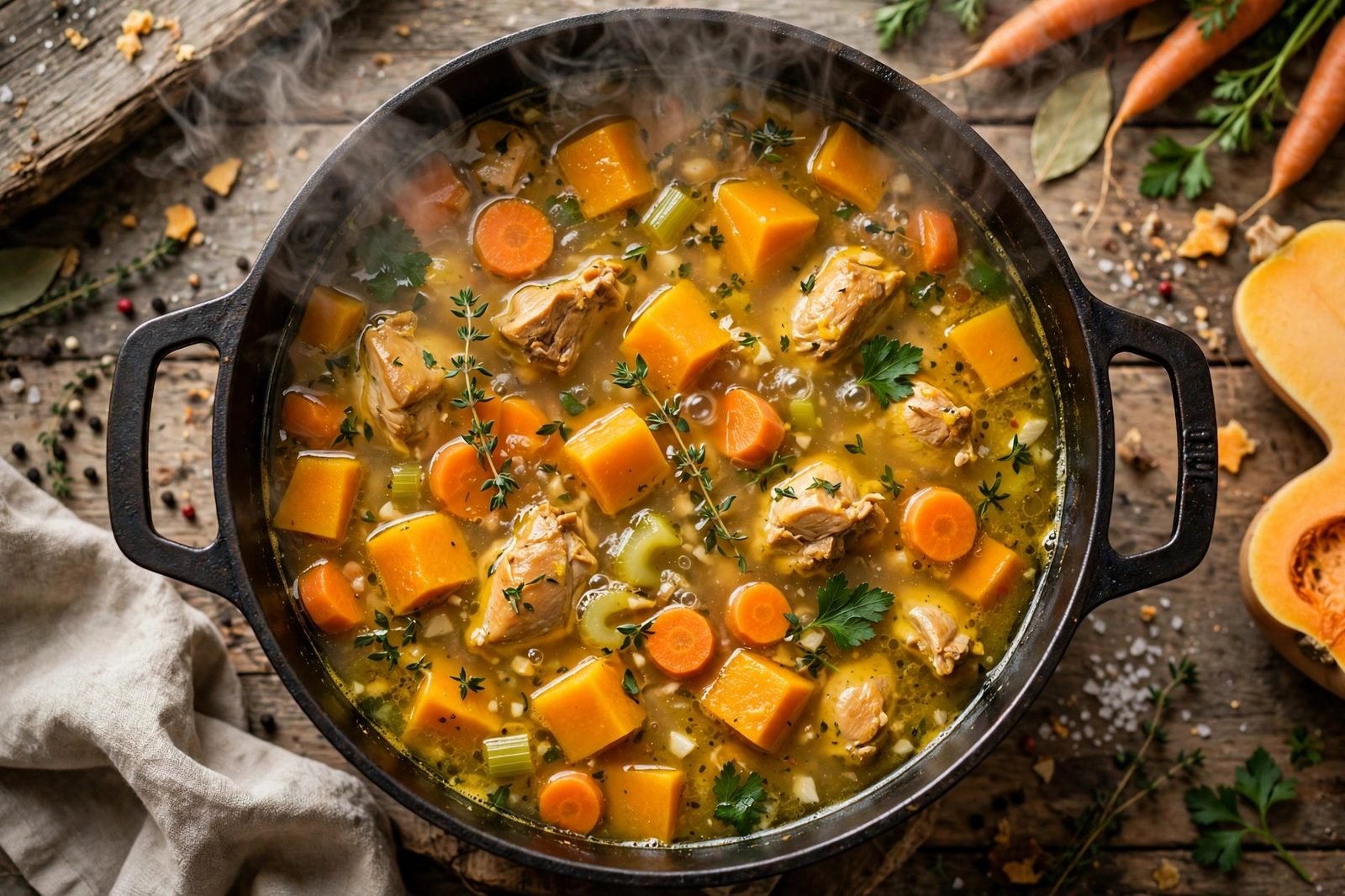 Harvest chicken soup simmering in a pot with steam rising