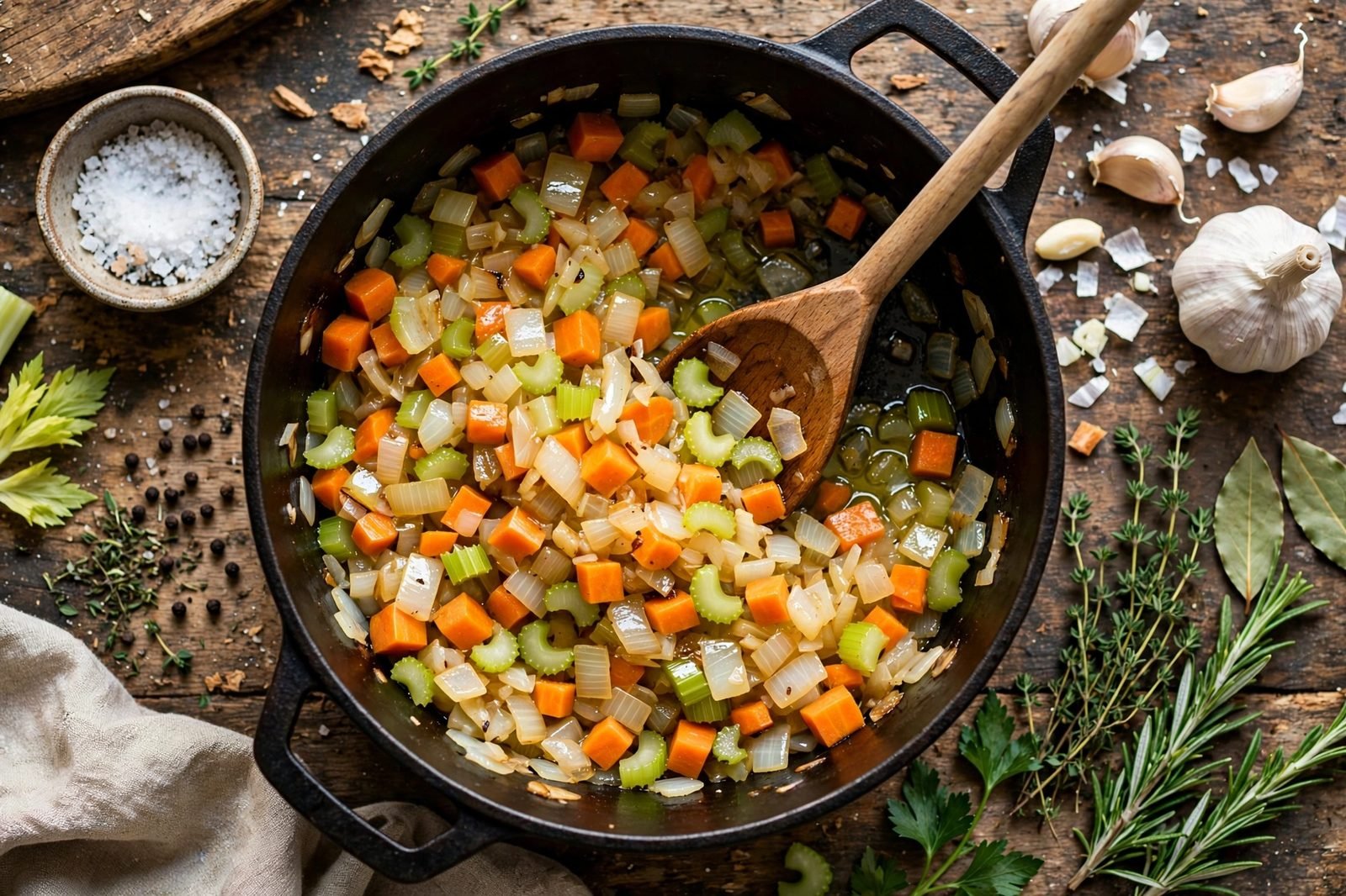 Onion, carrots, and celery softening in a soup pot