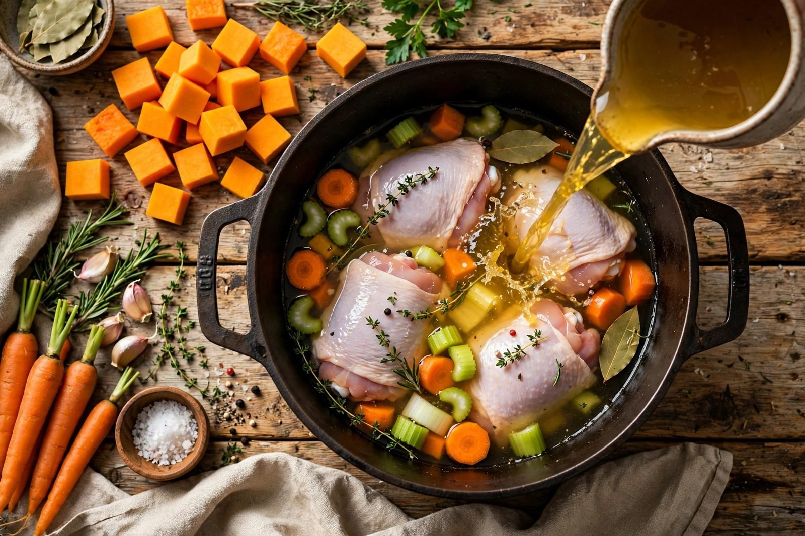 Butternut squash cubes and broth added to the soup pot