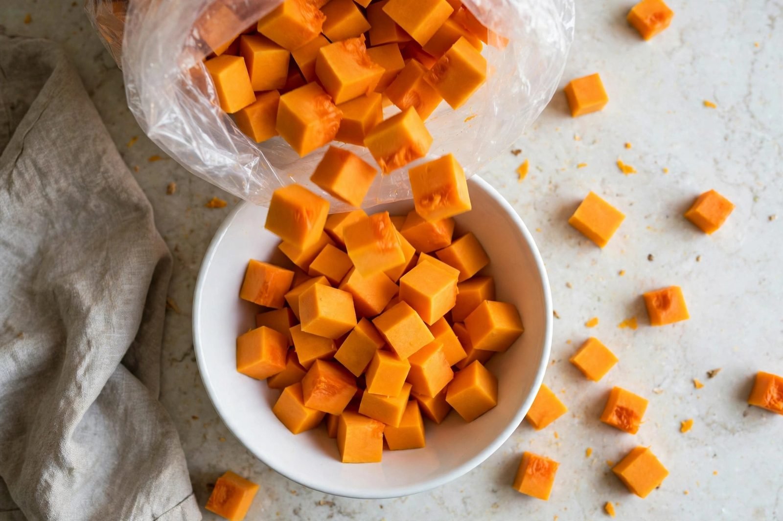 Pre-cubed butternut squash being poured from a bag into a bowl