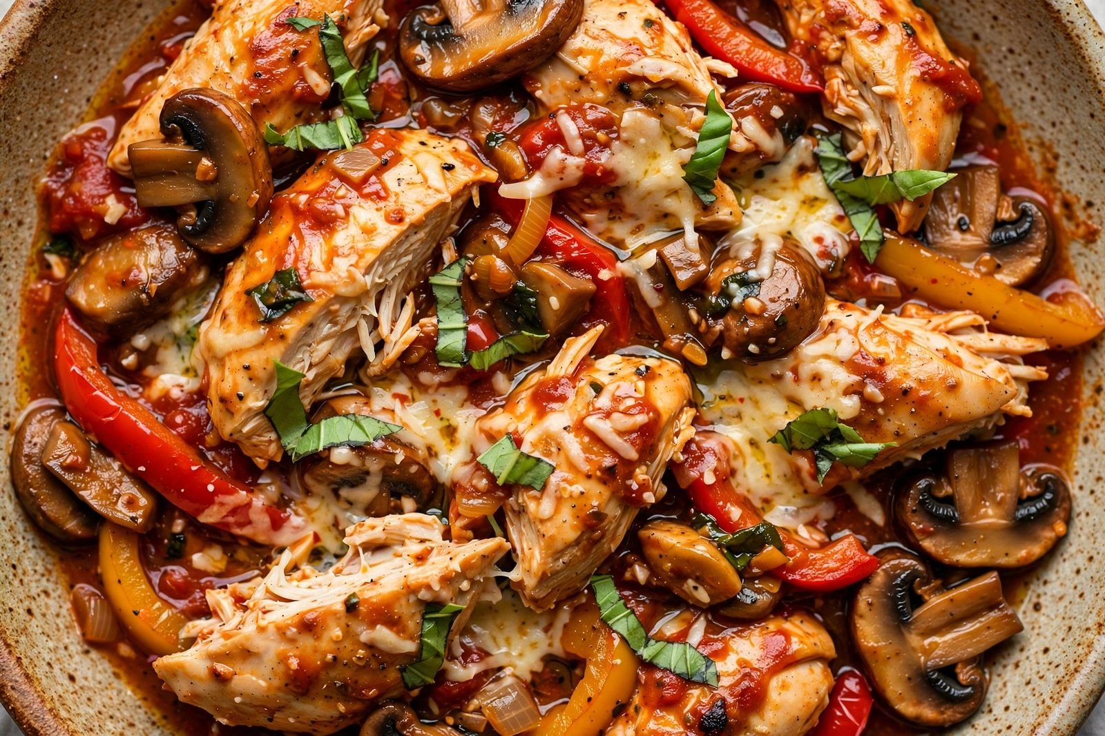 Close-up of chicken cacciatore showing the sauce texture