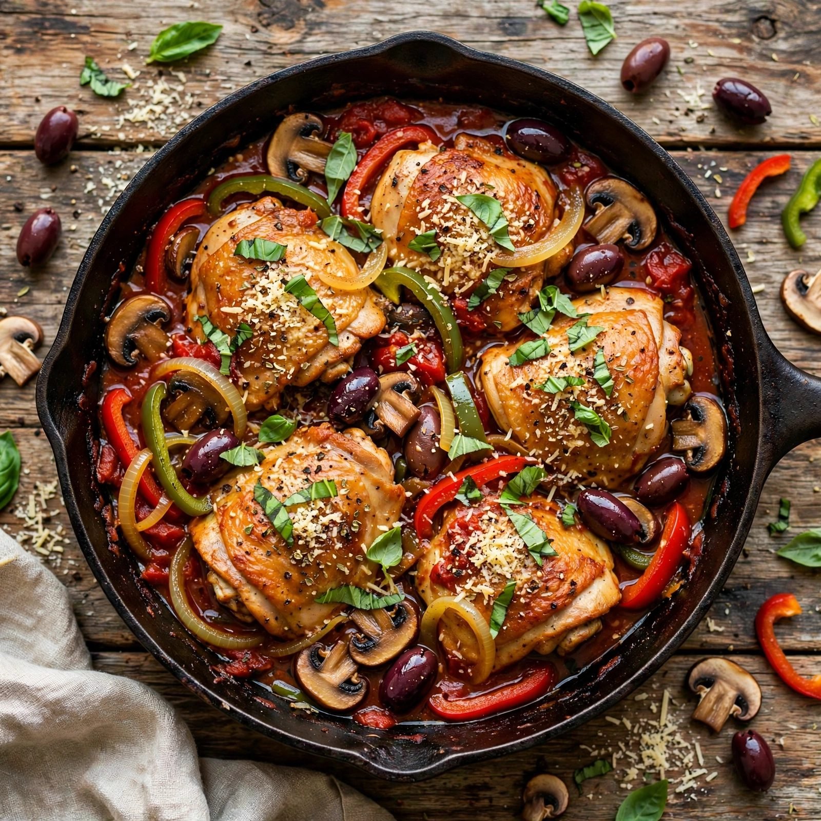 Chicken cacciatore in a cast-iron skillet with peppers, mushrooms, olives, Parmesan, and basil