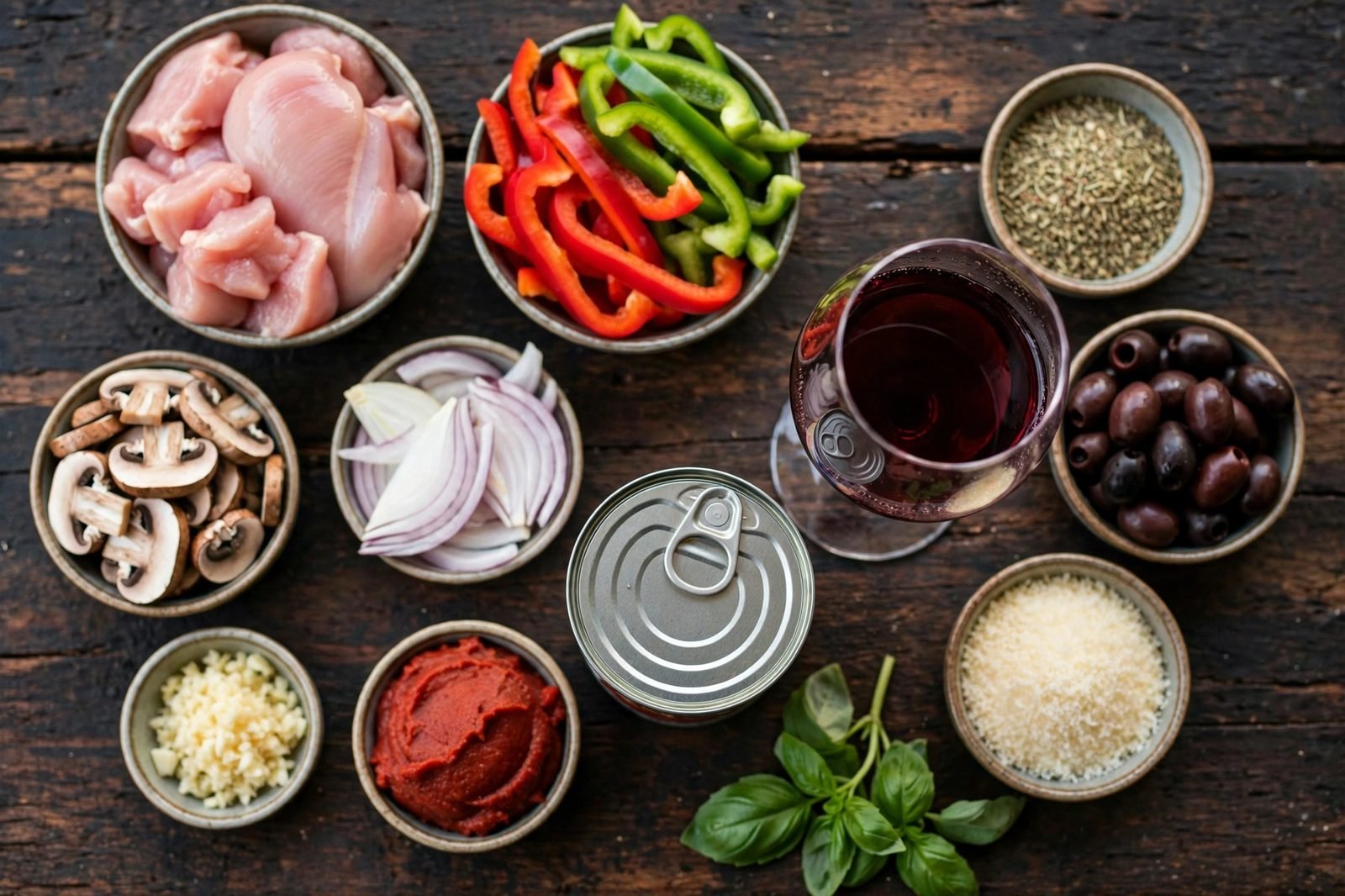 Ingredients for chicken cacciatore arranged on a kitchen counter