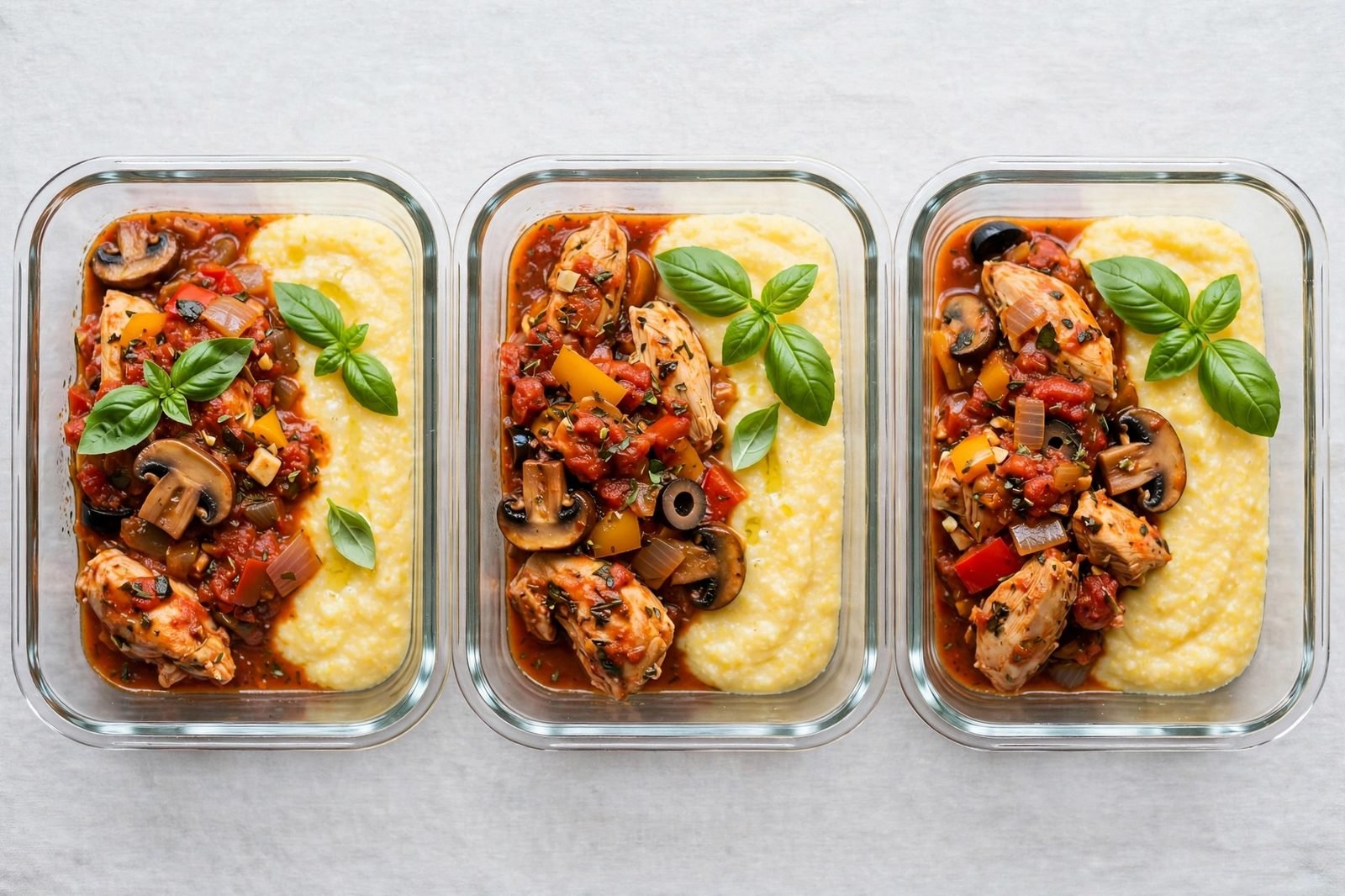 Glass meal-prep containers filled with chicken cacciatore