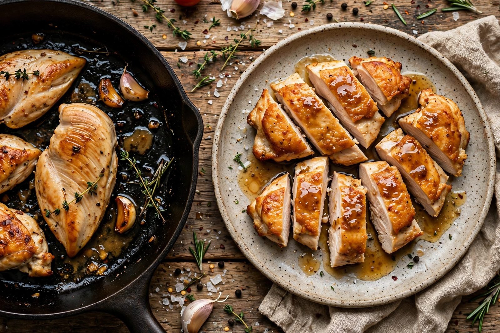 Seared golden chicken pieces in a skillet