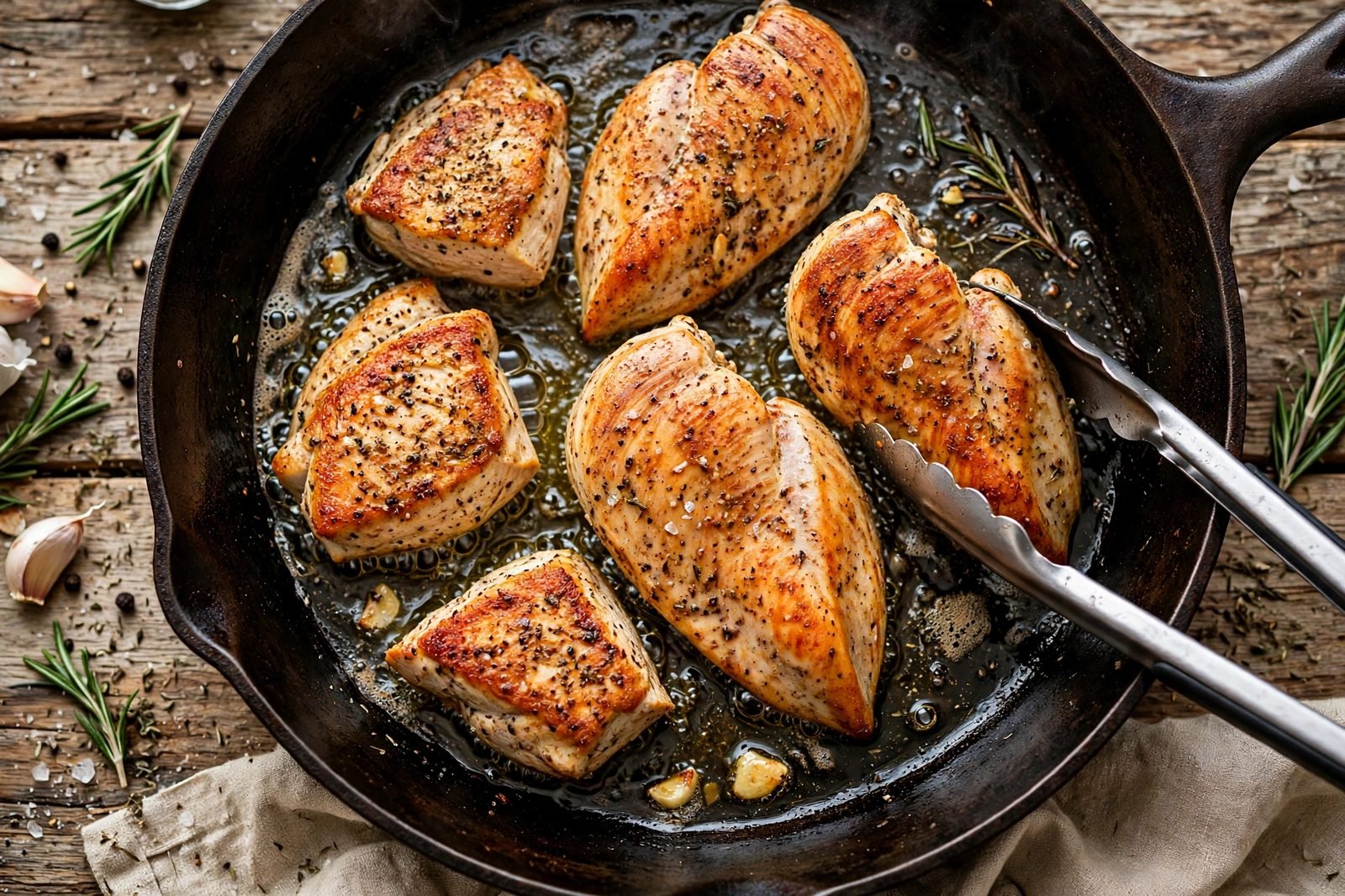Chicken pieces searing golden in a large skillet