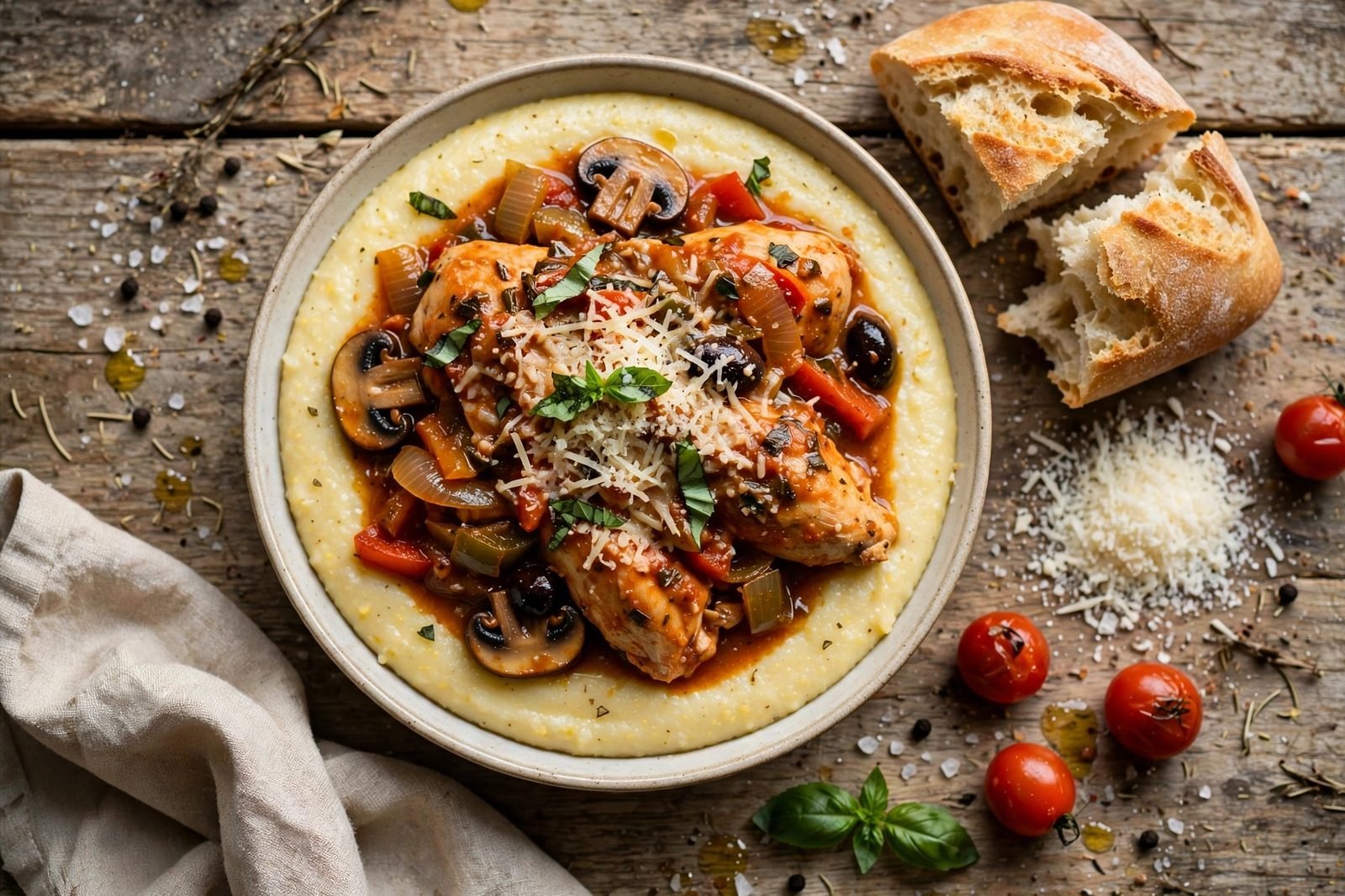 Chicken cacciatore served over polenta with Parmesan and basil