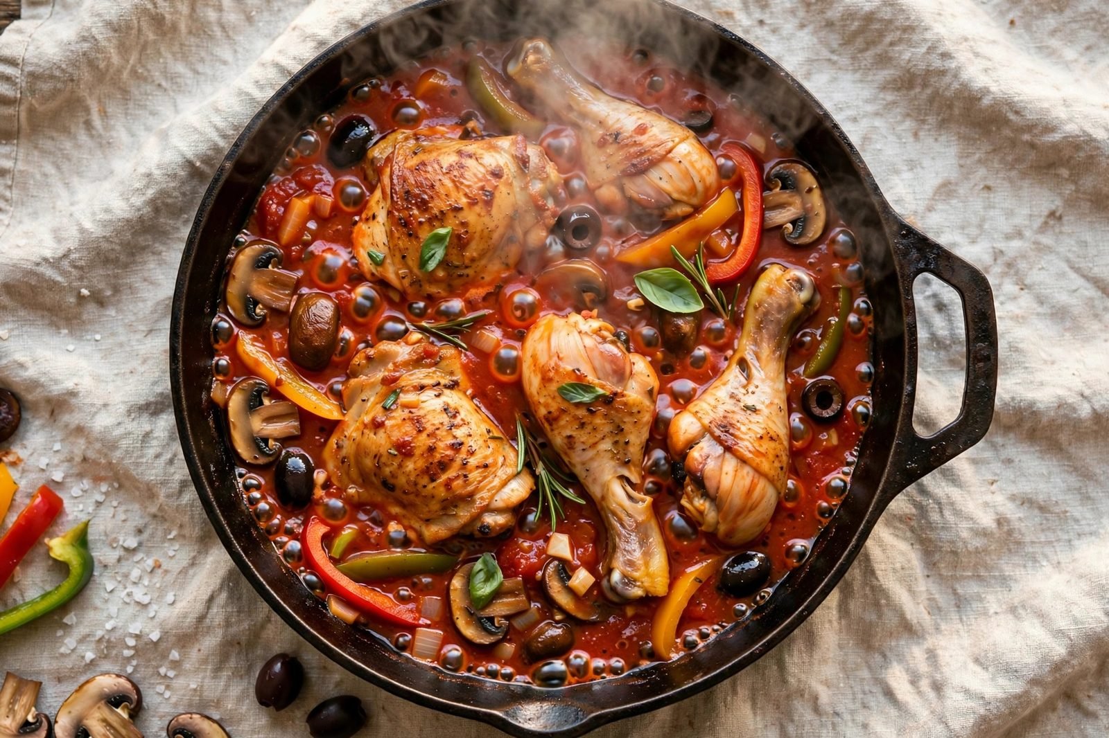 Chicken cacciatore stew simmering in a skillet