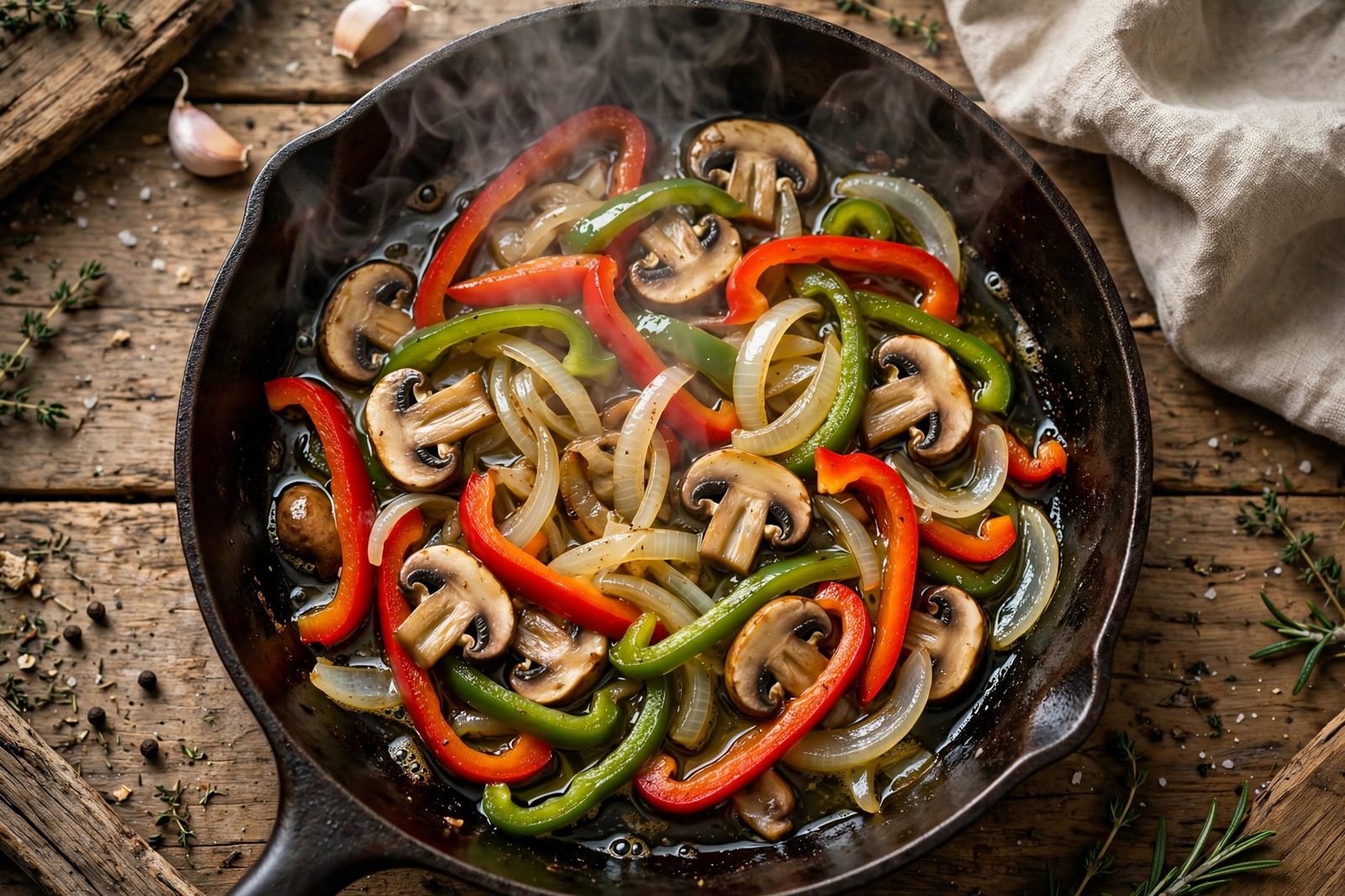 Onion, bell peppers, and mushrooms softening in a skillet
