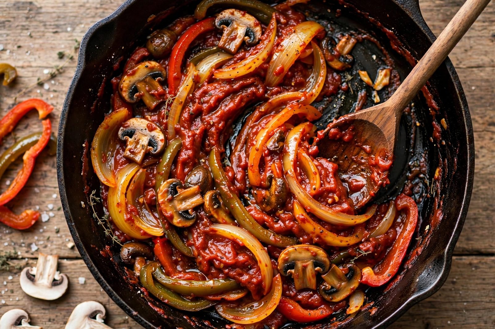 Garlic and tomato paste added to softened vegetables in a skillet