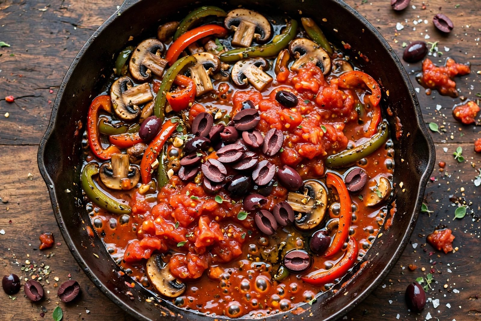 Crushed tomatoes and Kalamata olives added to the skillet