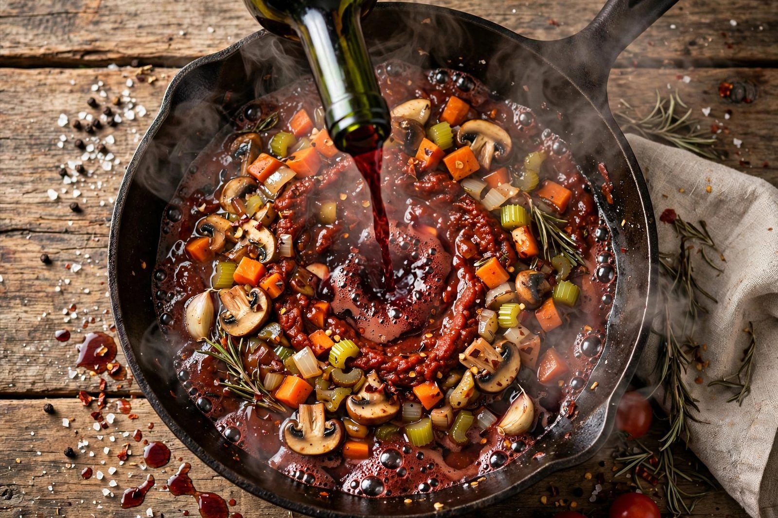Red wine deglazing a skillet with simmering vegetables