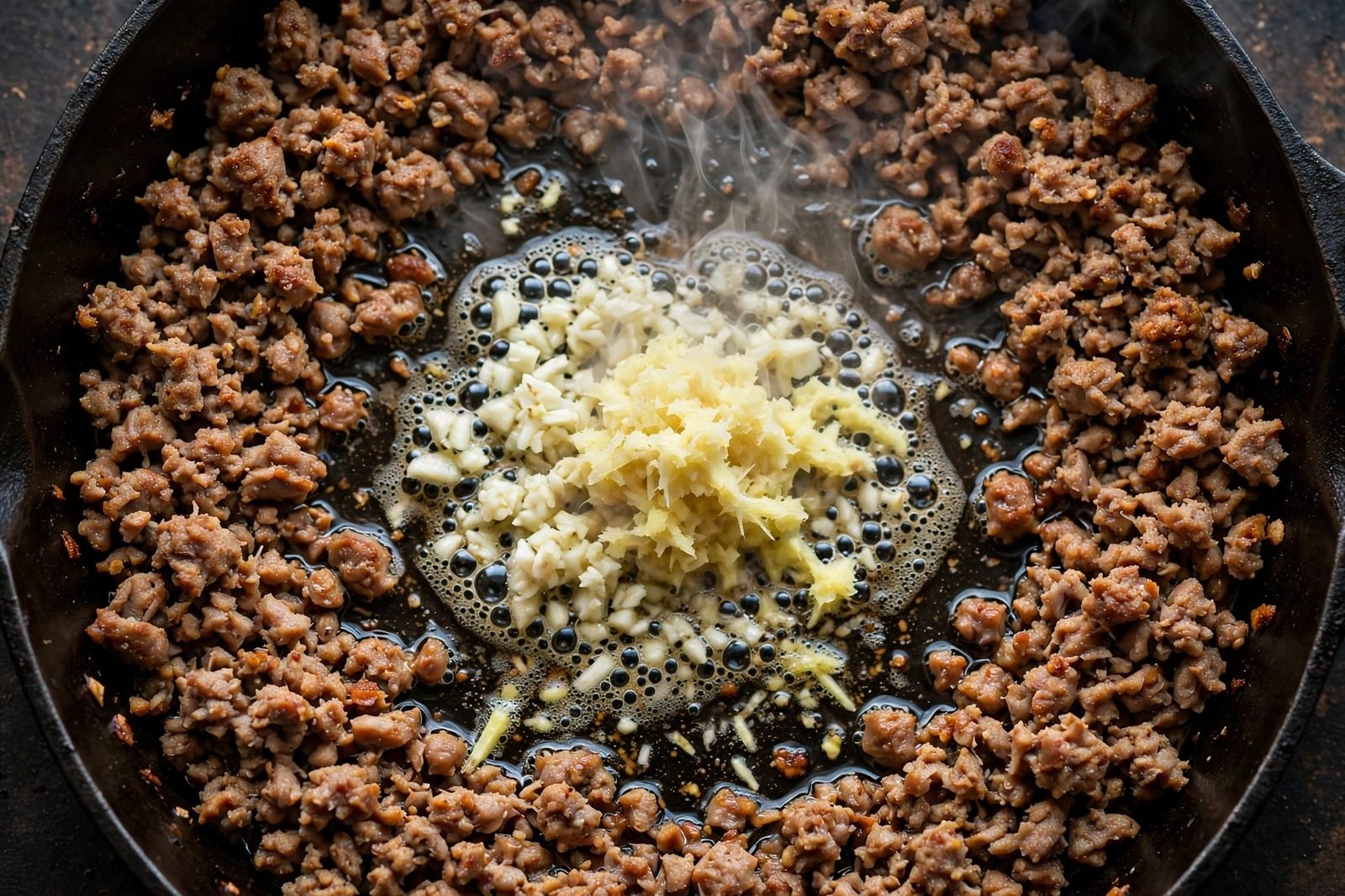 Garlic and ginger cooking in the center of a skillet with browned turkey