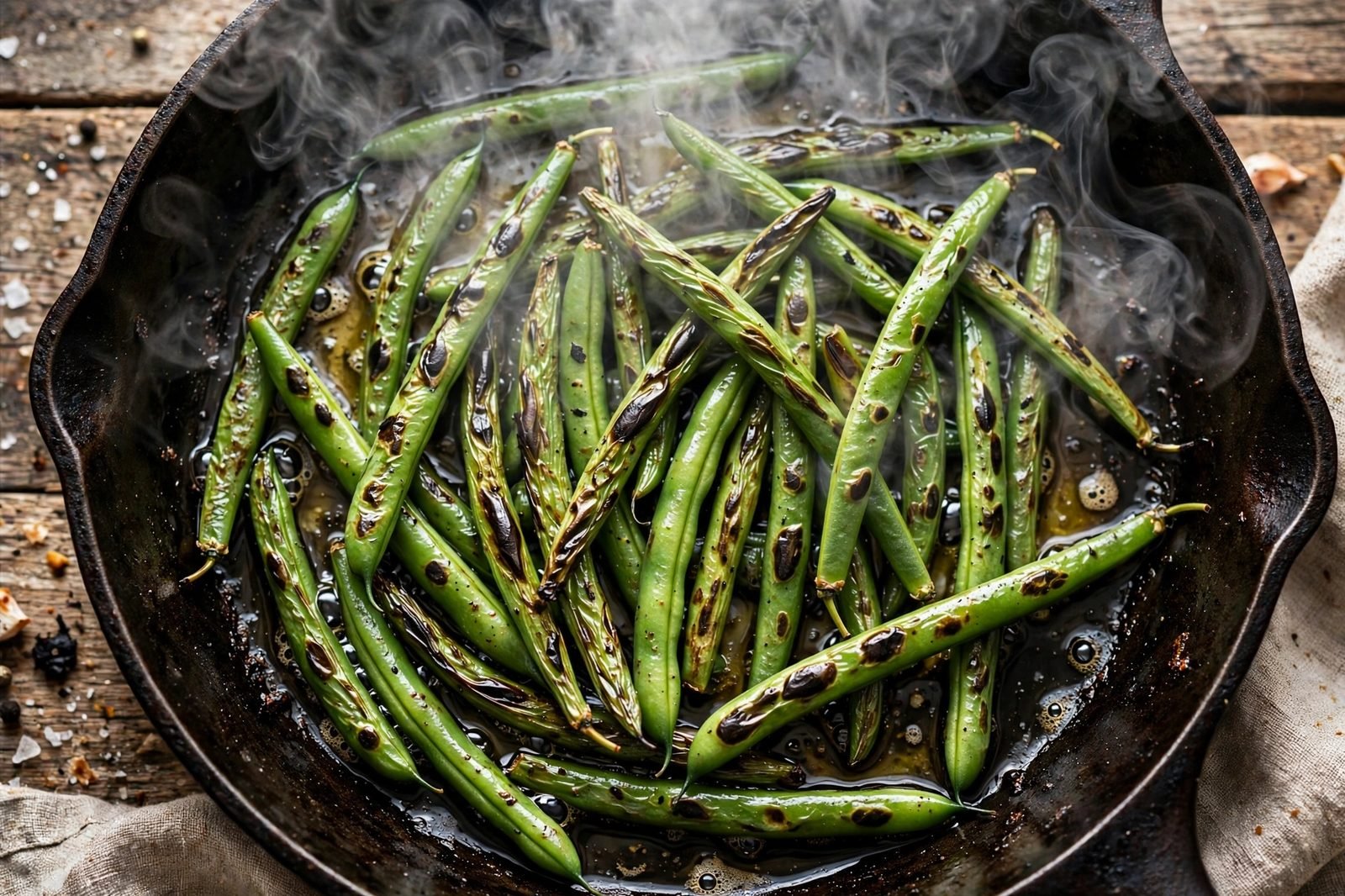 Green beans blistering in a hot skillet