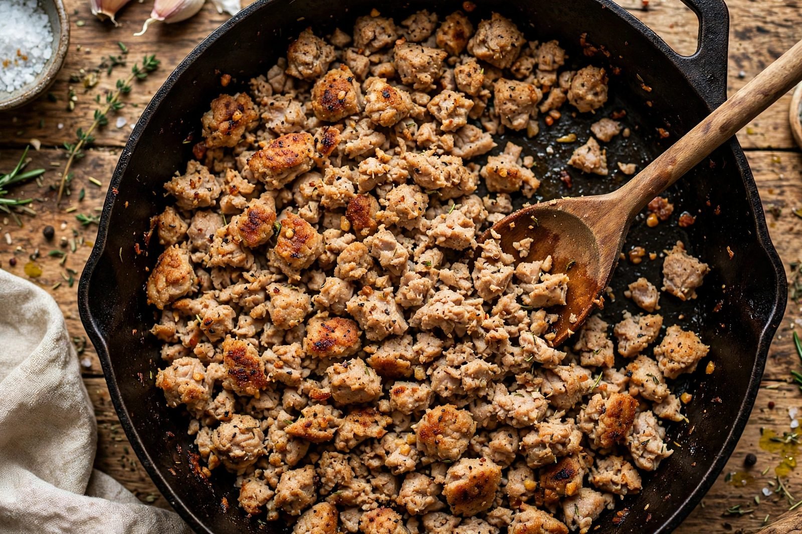 Ground turkey browning in a skillet