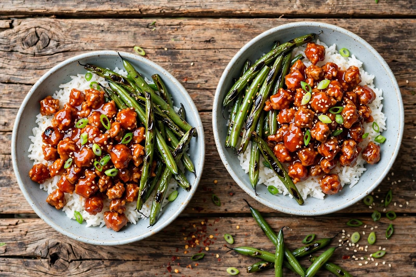 Bowls of sweet chili turkey and blistered green beans over jasmine rice with green onions and sesame seeds