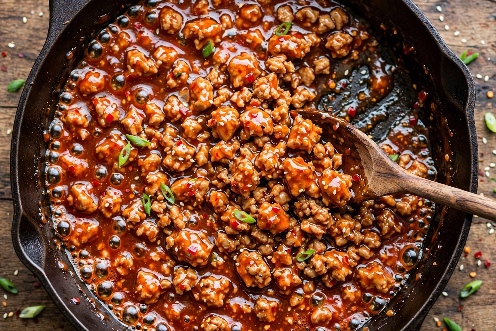 Glossy sweet chili glaze coating turkey in a skillet