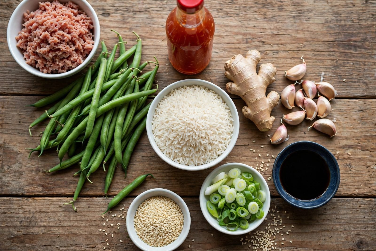 Ingredients for sweet chili turkey bowls arranged on a kitchen counter
