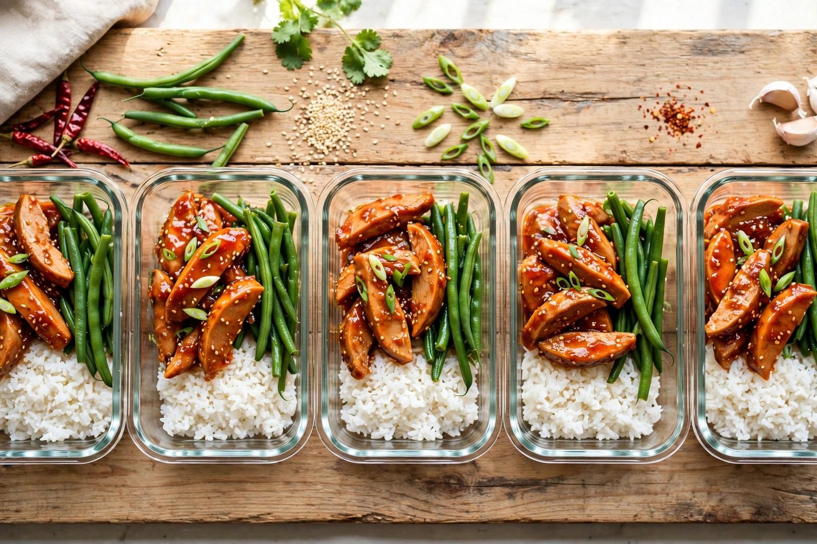 Meal-prep containers of sweet chili turkey and rice