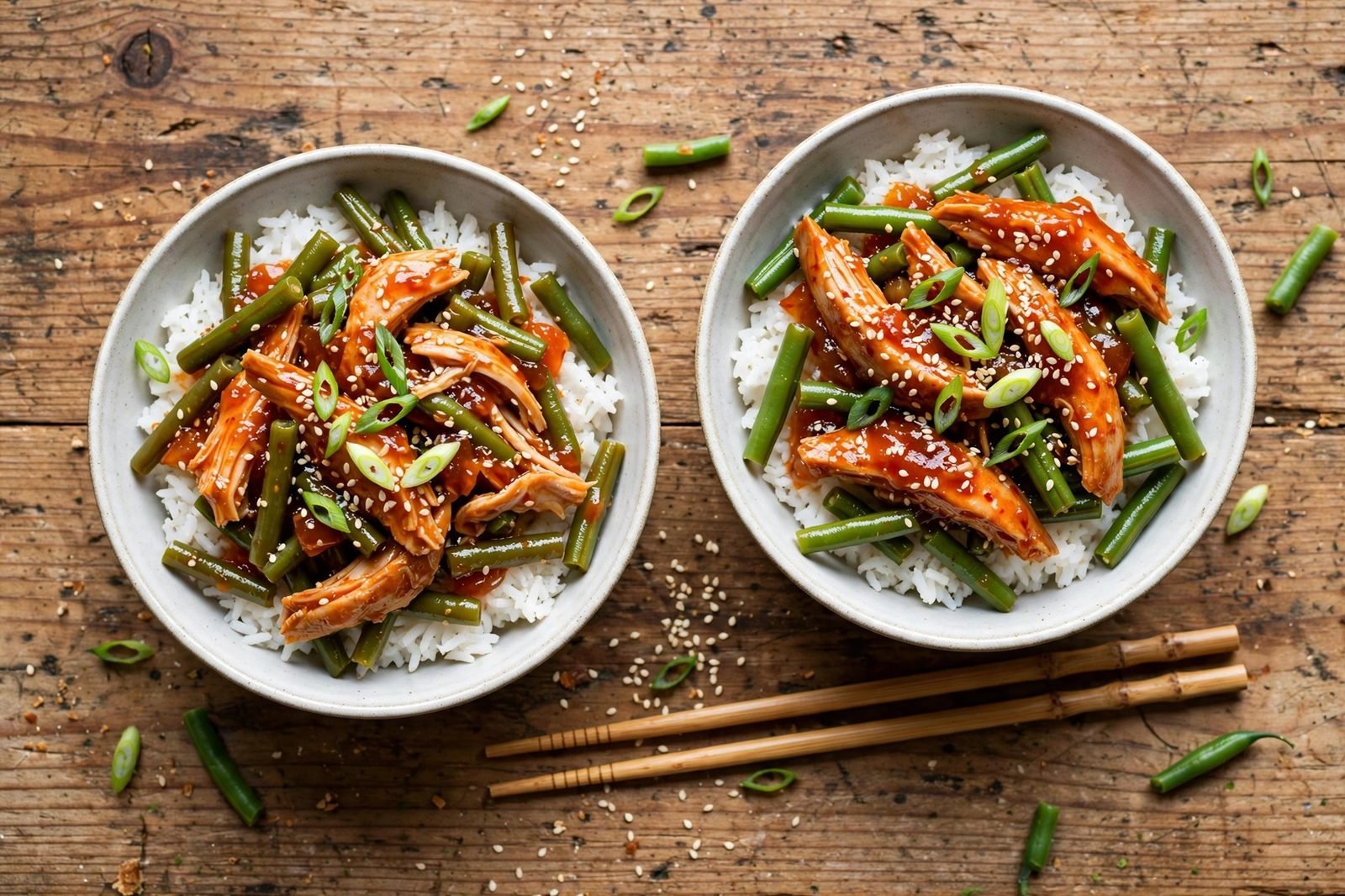 Overhead of two sweet chili turkey bowls with chopsticks