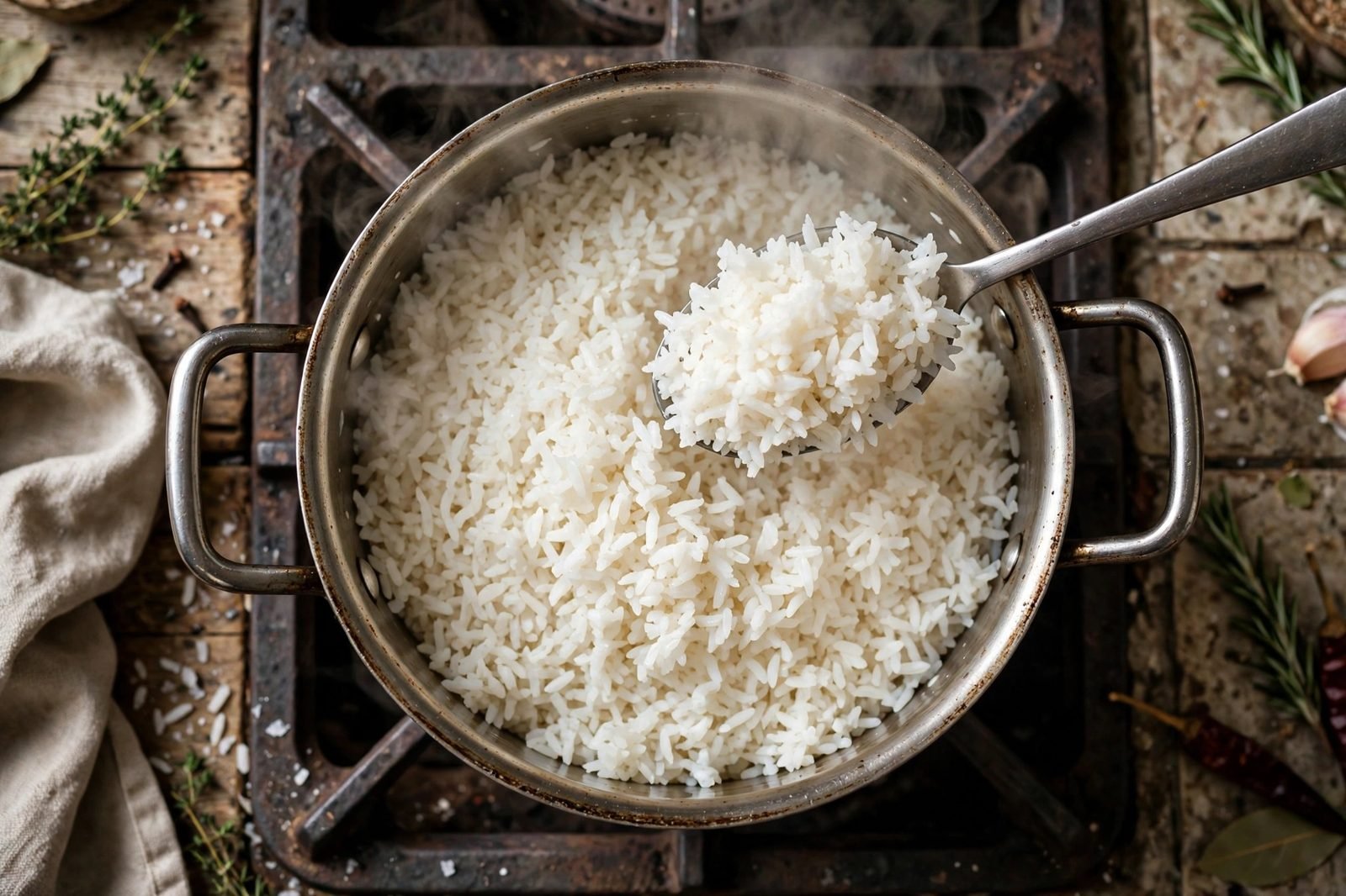 Jasmine rice steaming in a saucepan