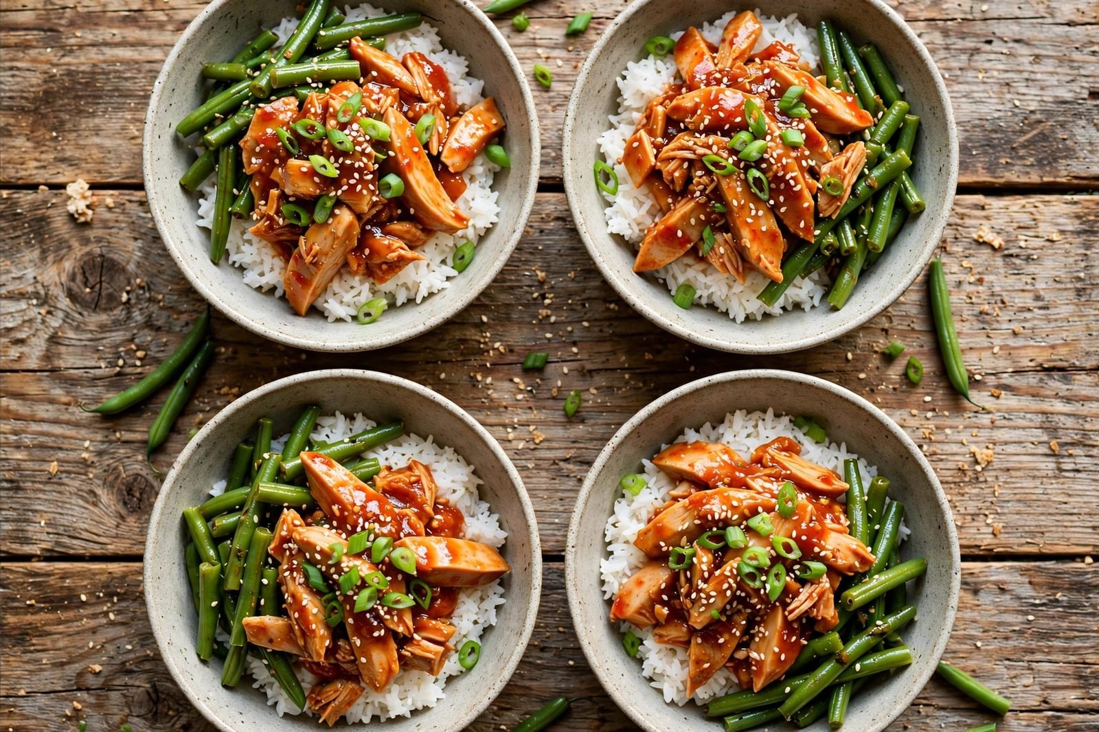 Assembled sweet chili turkey bowls with green onions and sesame