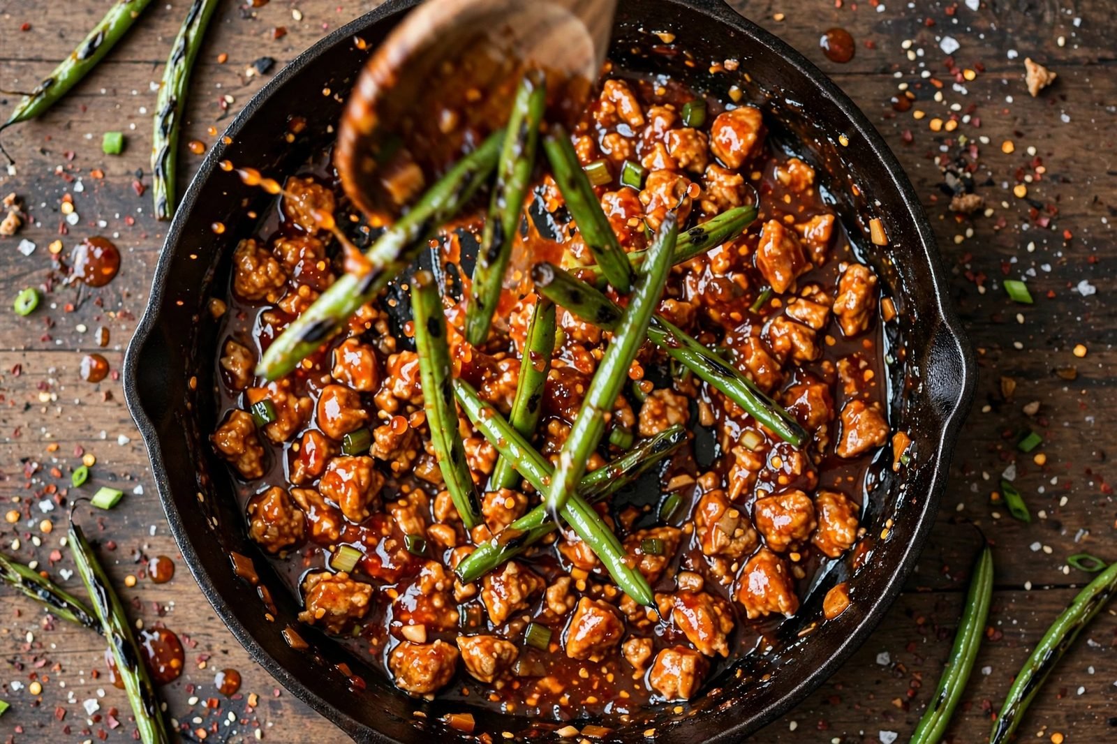 Green beans tossed into glazed turkey in a skillet