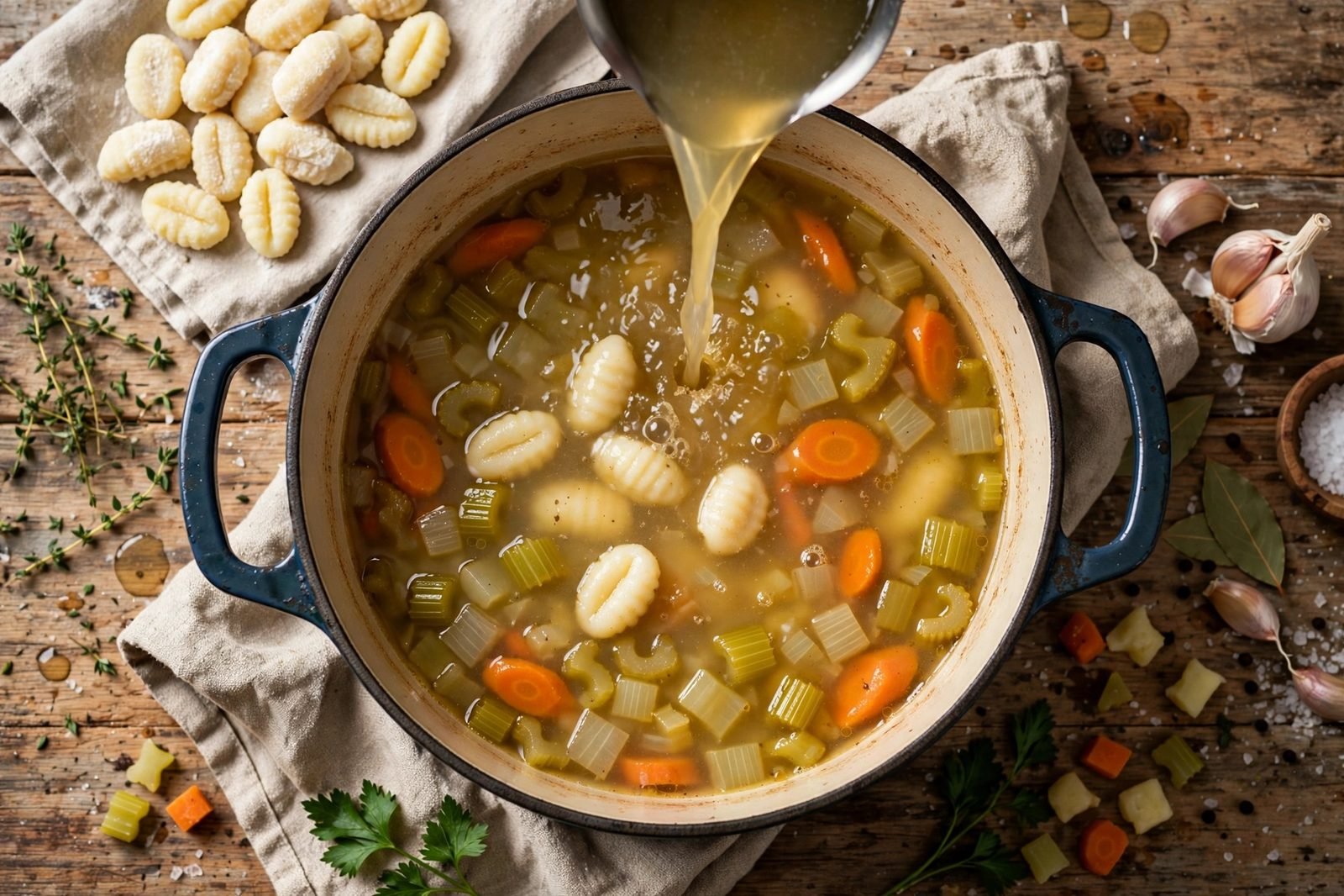Chicken broth and gnocchi added to the pot