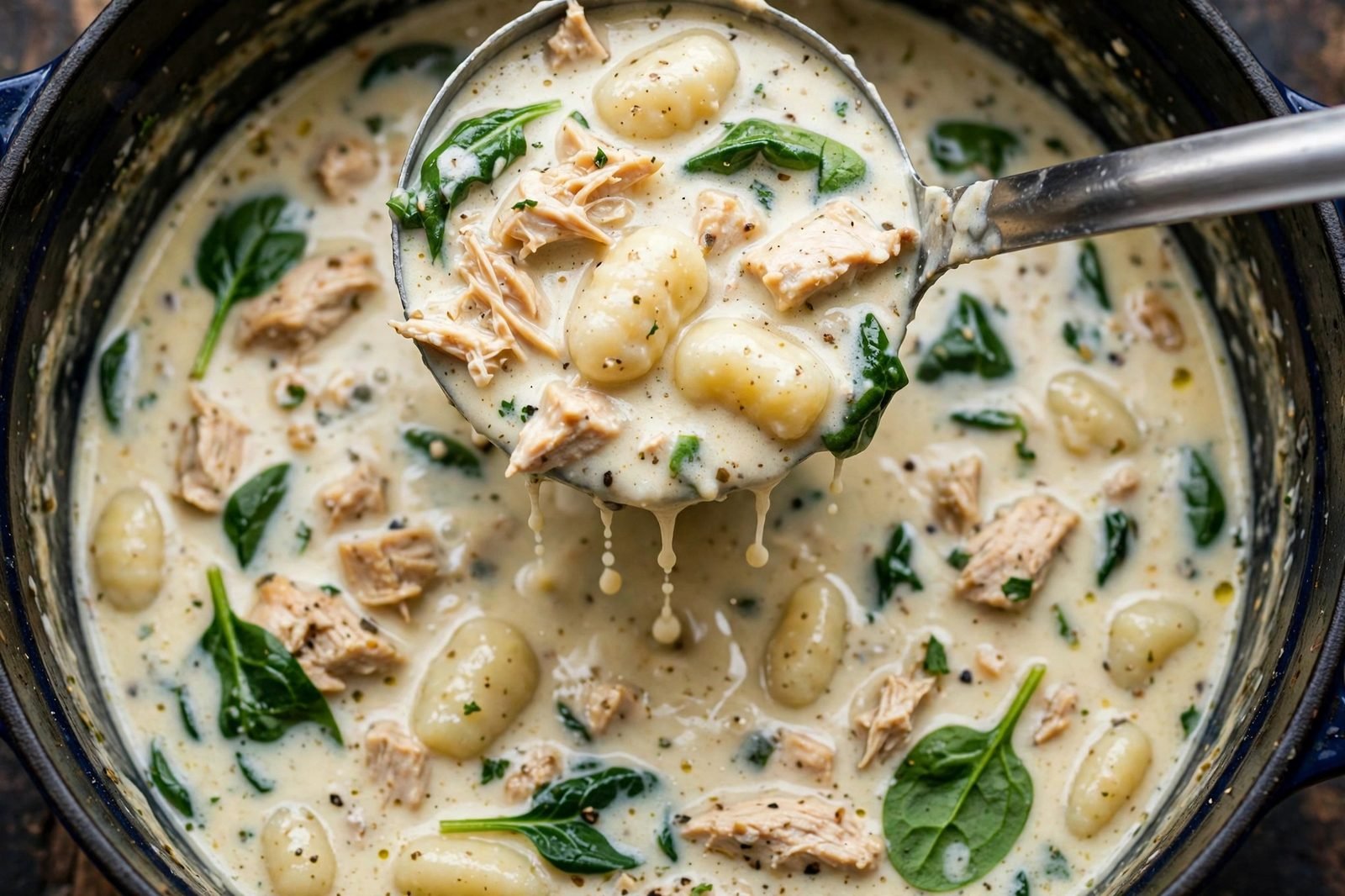 Close-up ladle of creamy chicken gnocchi soup