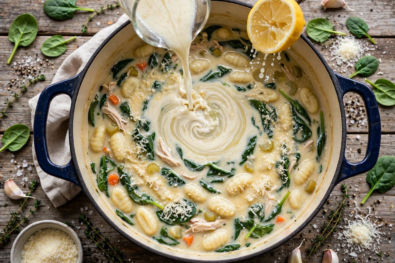 Half-and-half, Parmesan, and spinach stirred into the soup