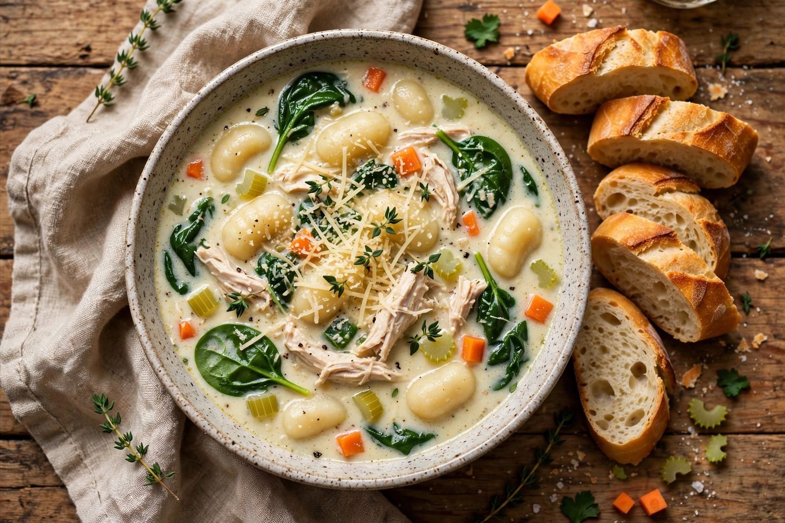 Bowl of creamy chicken gnocchi soup with gnocchi, chicken, spinach, carrots, and parmesan, crusty bread beside it