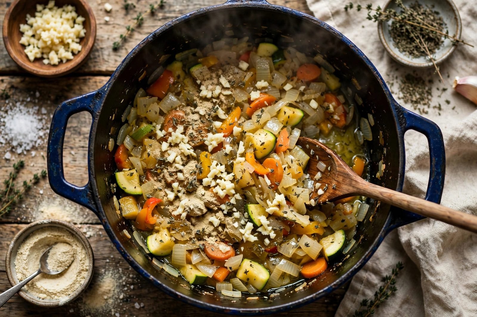 Garlic, thyme, and onion powder added to the vegetables