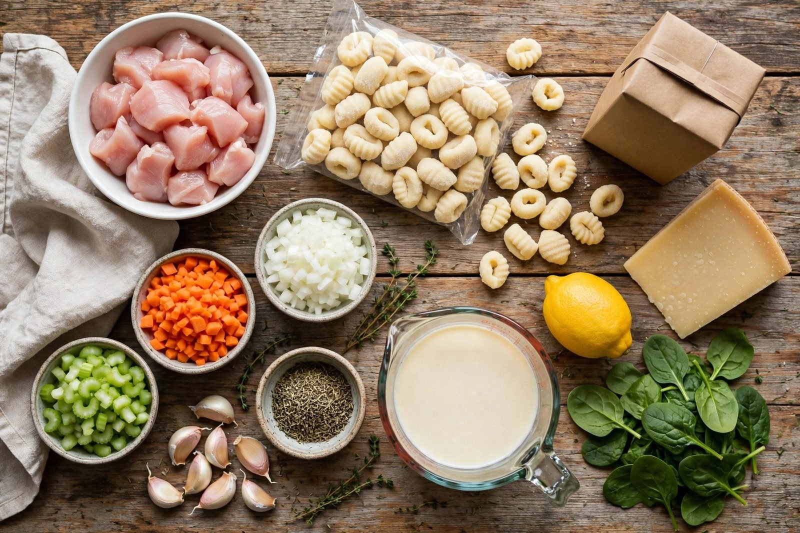 Ingredients for chicken gnocchi soup arranged on a kitchen counter