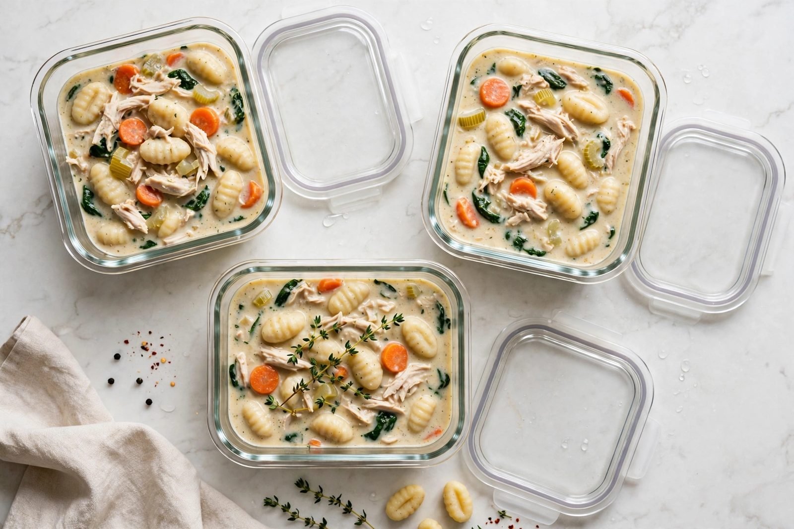 Meal-prep containers of chicken gnocchi soup