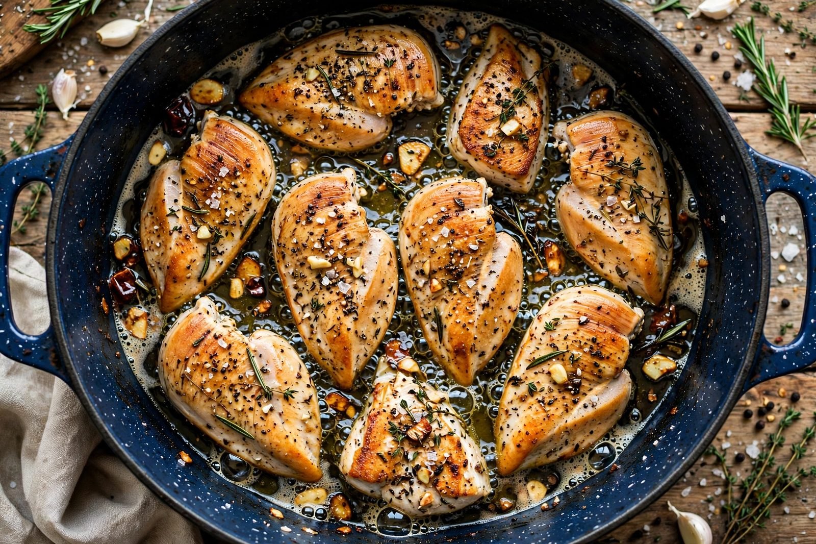 Chicken pieces searing in a Dutch oven