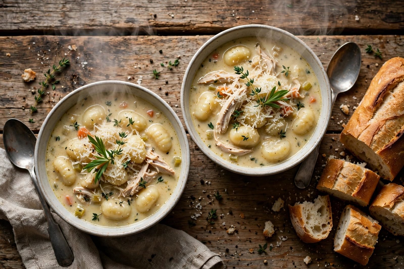 Served bowls of chicken gnocchi soup with Parmesan and thyme