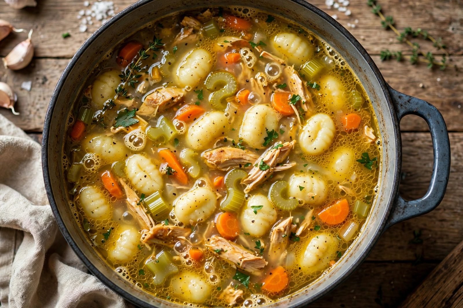 Chicken gnocchi soup simmering with gnocchi floating