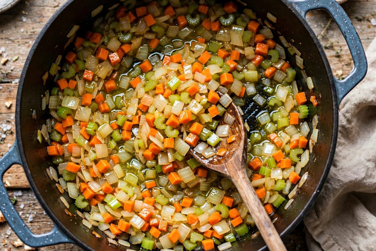 Onion, carrots, and celery softening in a pot