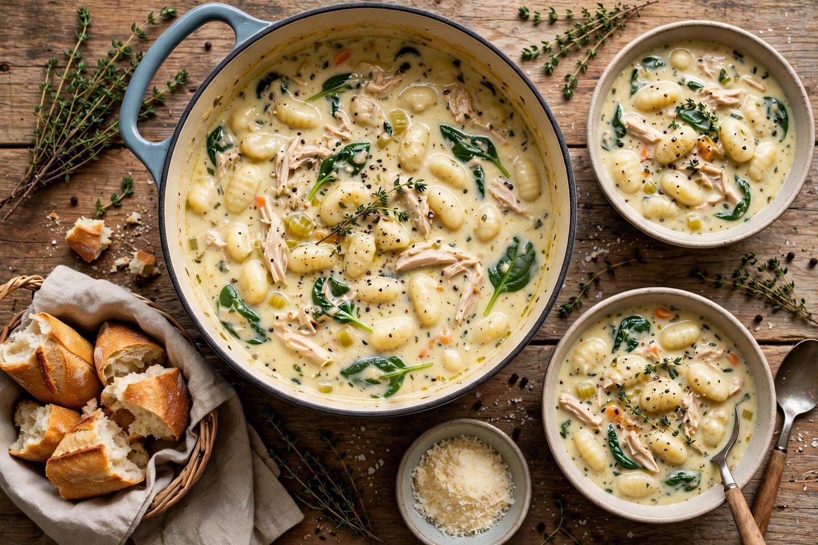 Overhead table spread of chicken gnocchi soup with bread