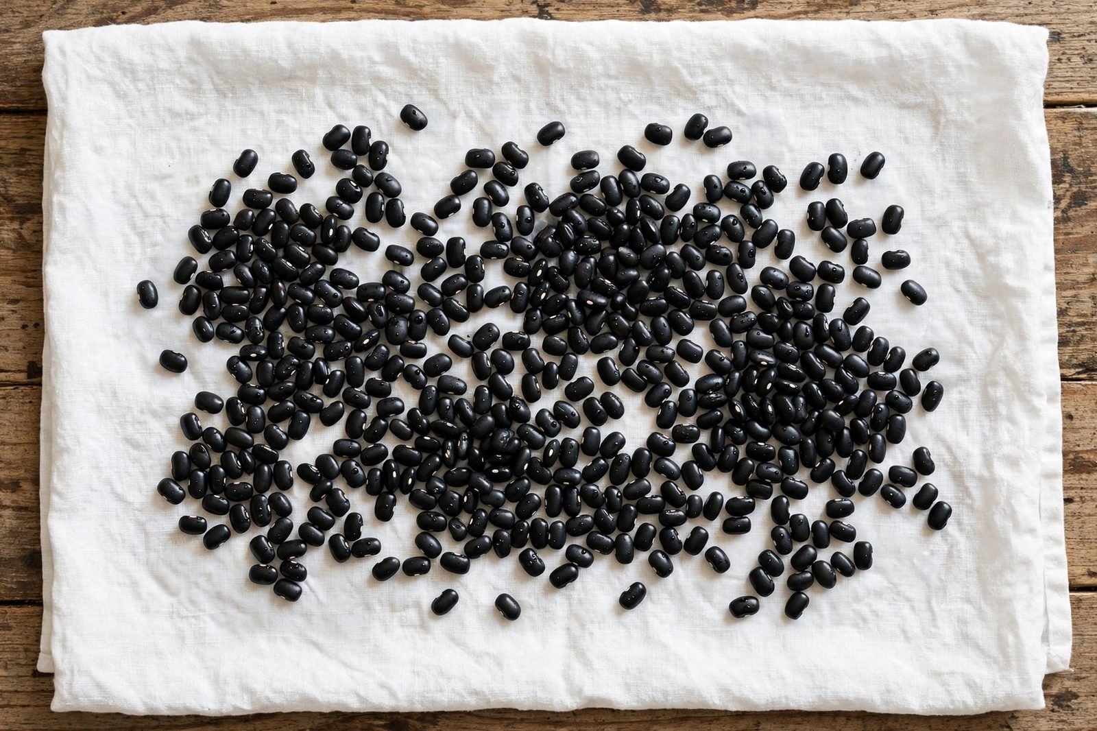 Black beans drying on a kitchen towel