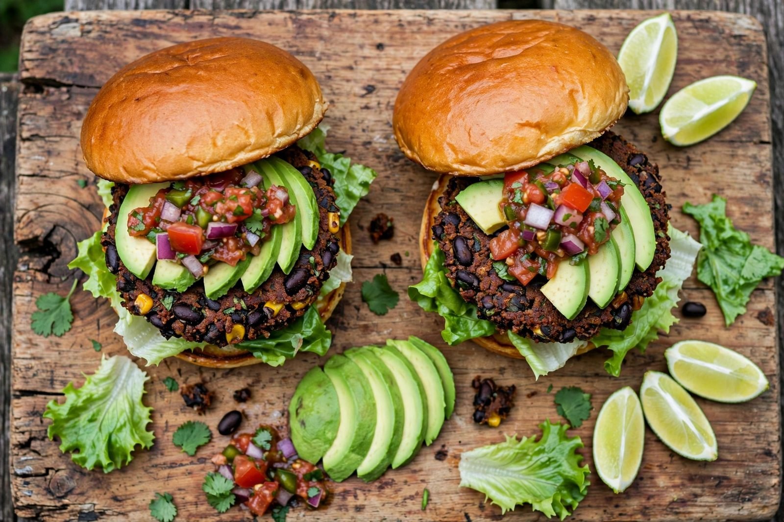 Black bean burgers in toasted brioche buns with avocado slices, salsa, lettuce, and lime wedges