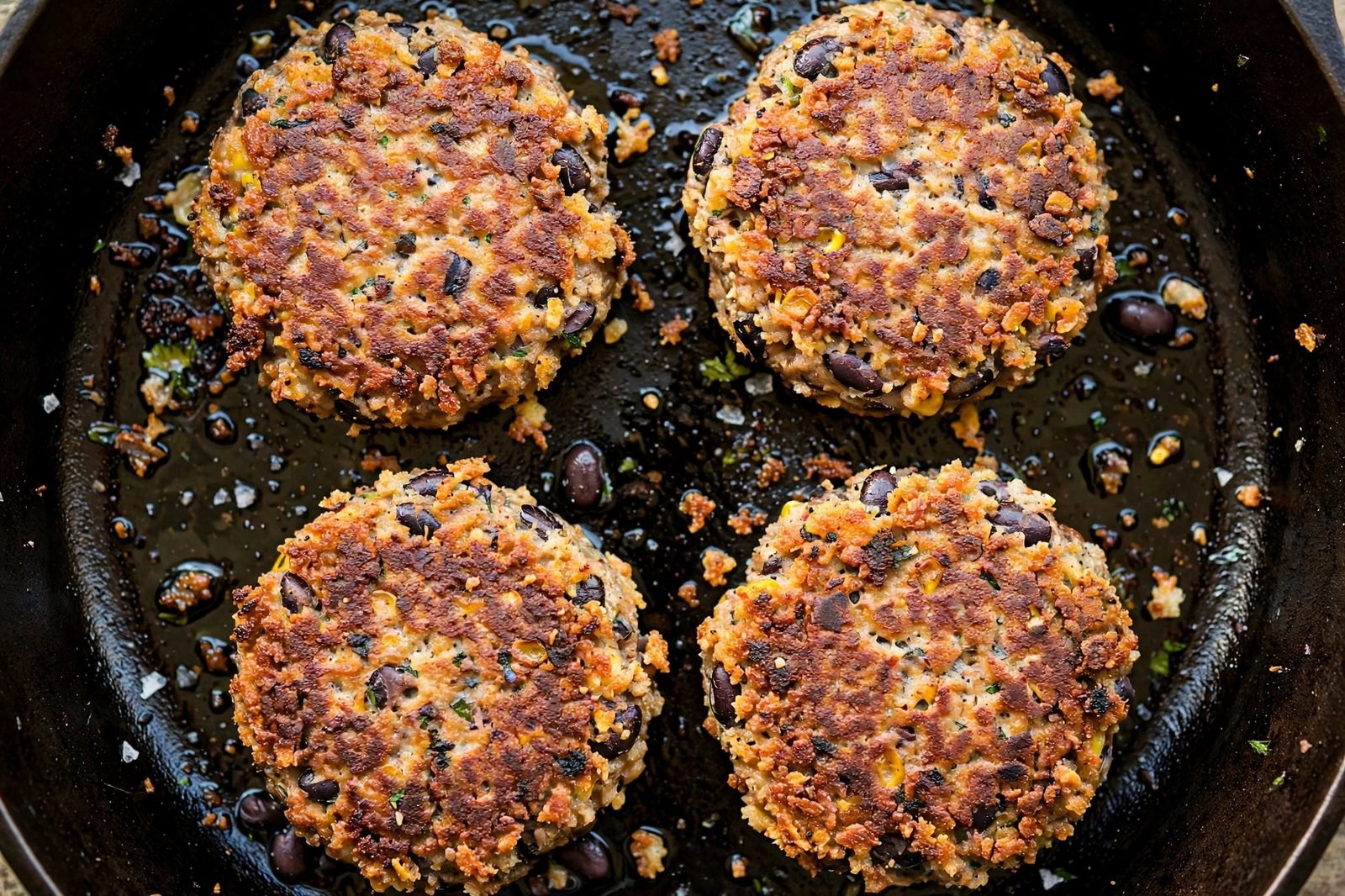 Flipped black bean patties with deep golden crusts