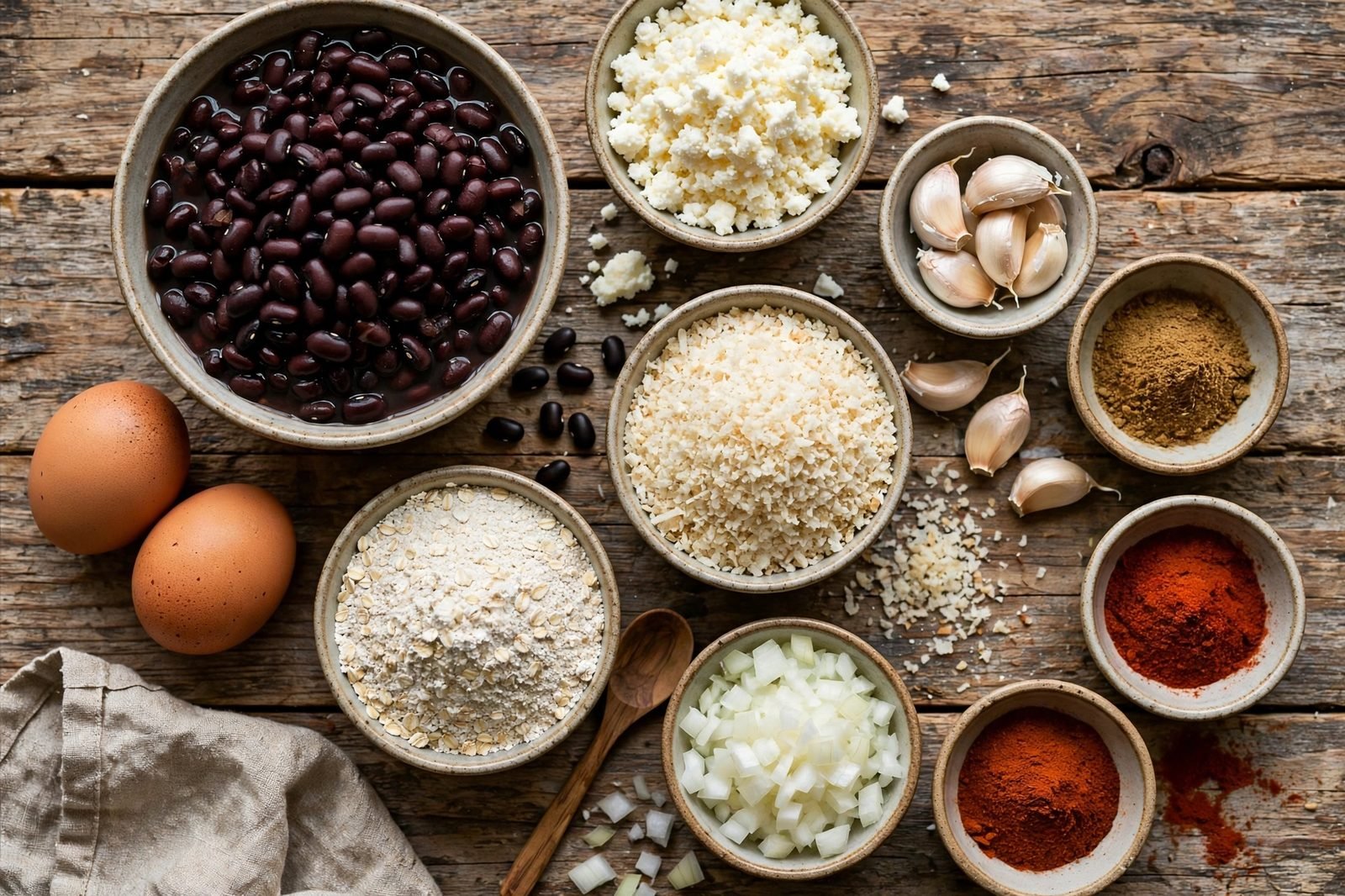 Ingredients for black bean burgers arranged on a kitchen counter