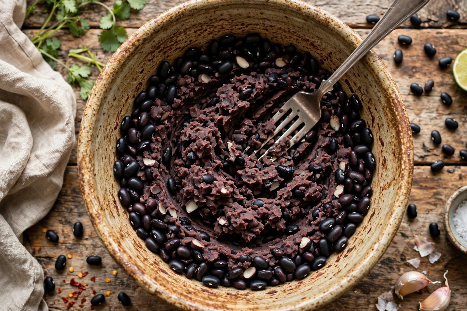 Black beans being mashed in a mixing bowl