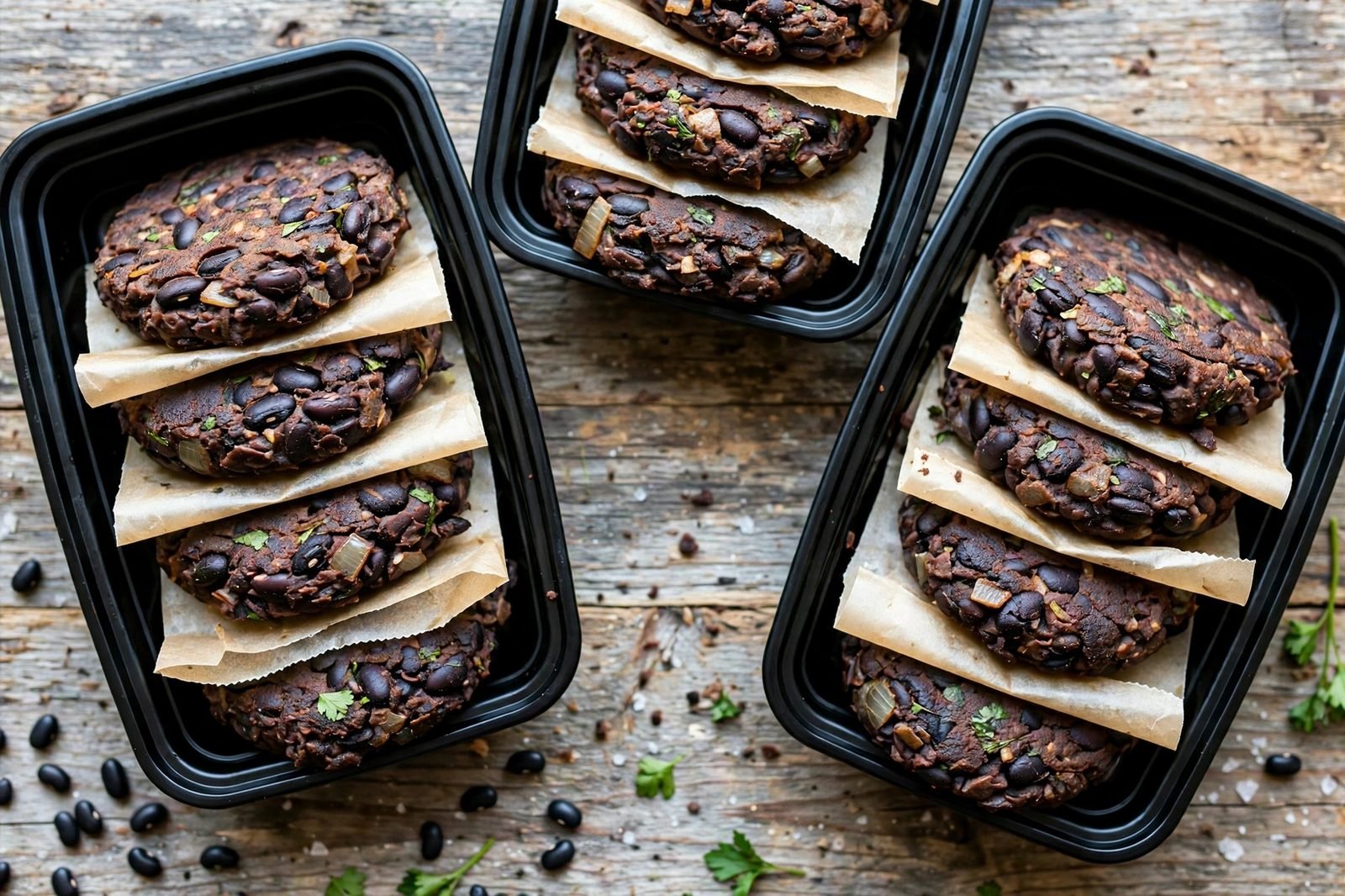 Stacked cooled black bean patties with parchment for freezing