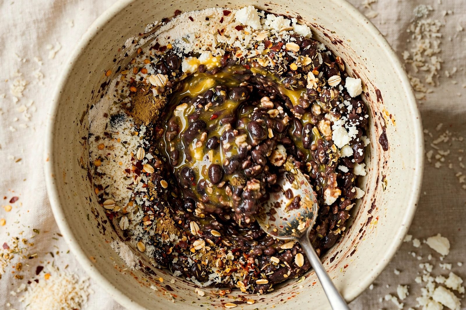 Black bean patty mixture with eggs, cotija, oat flour, and spices in a bowl