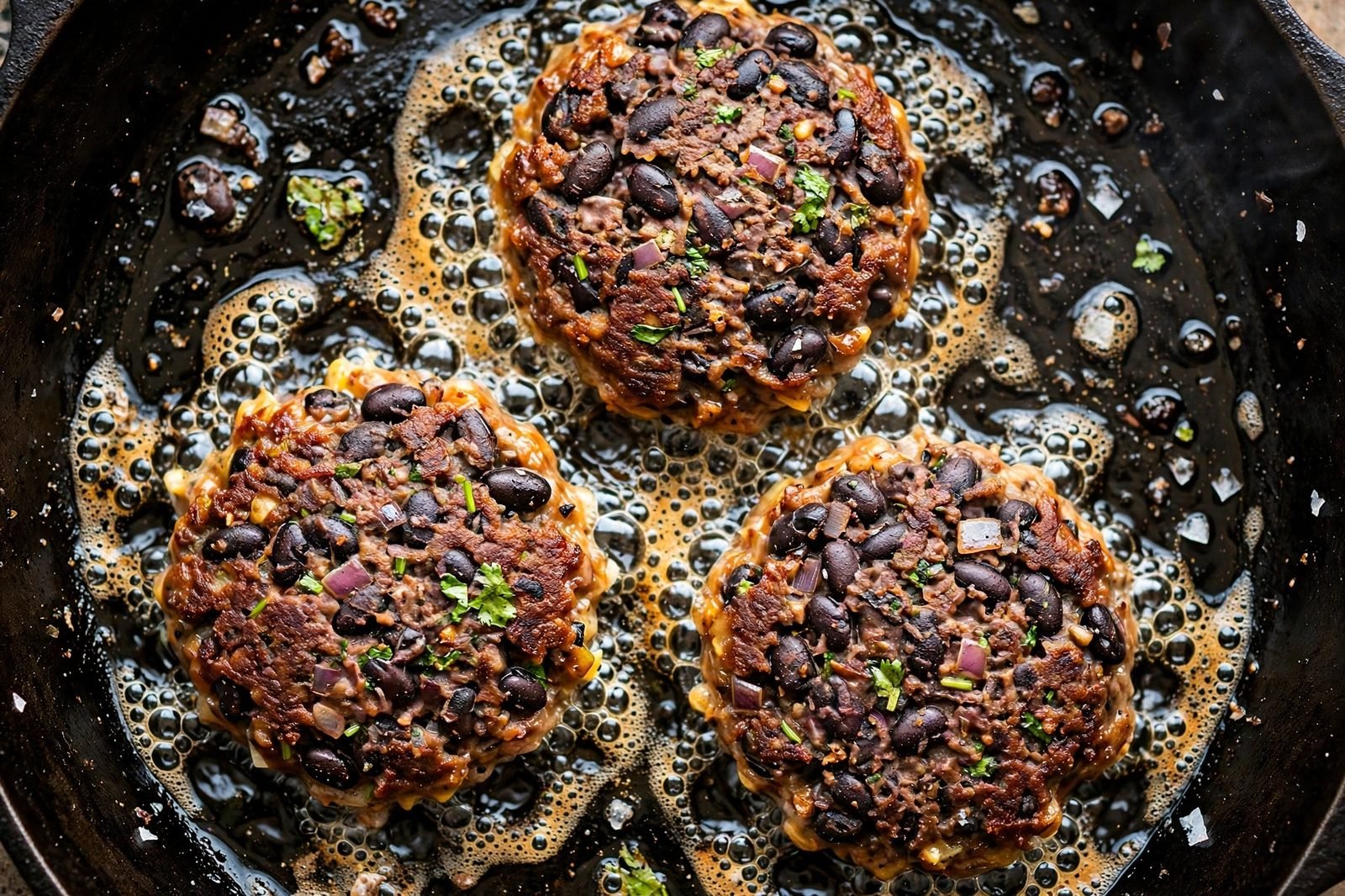 Black bean patties searing in a hot skillet