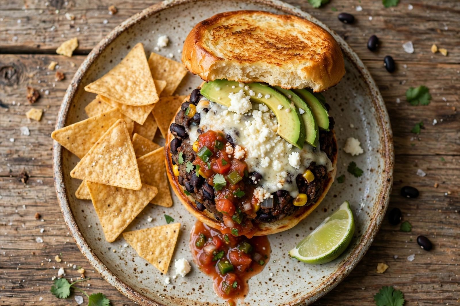 Plated black bean burger with lime wedges
